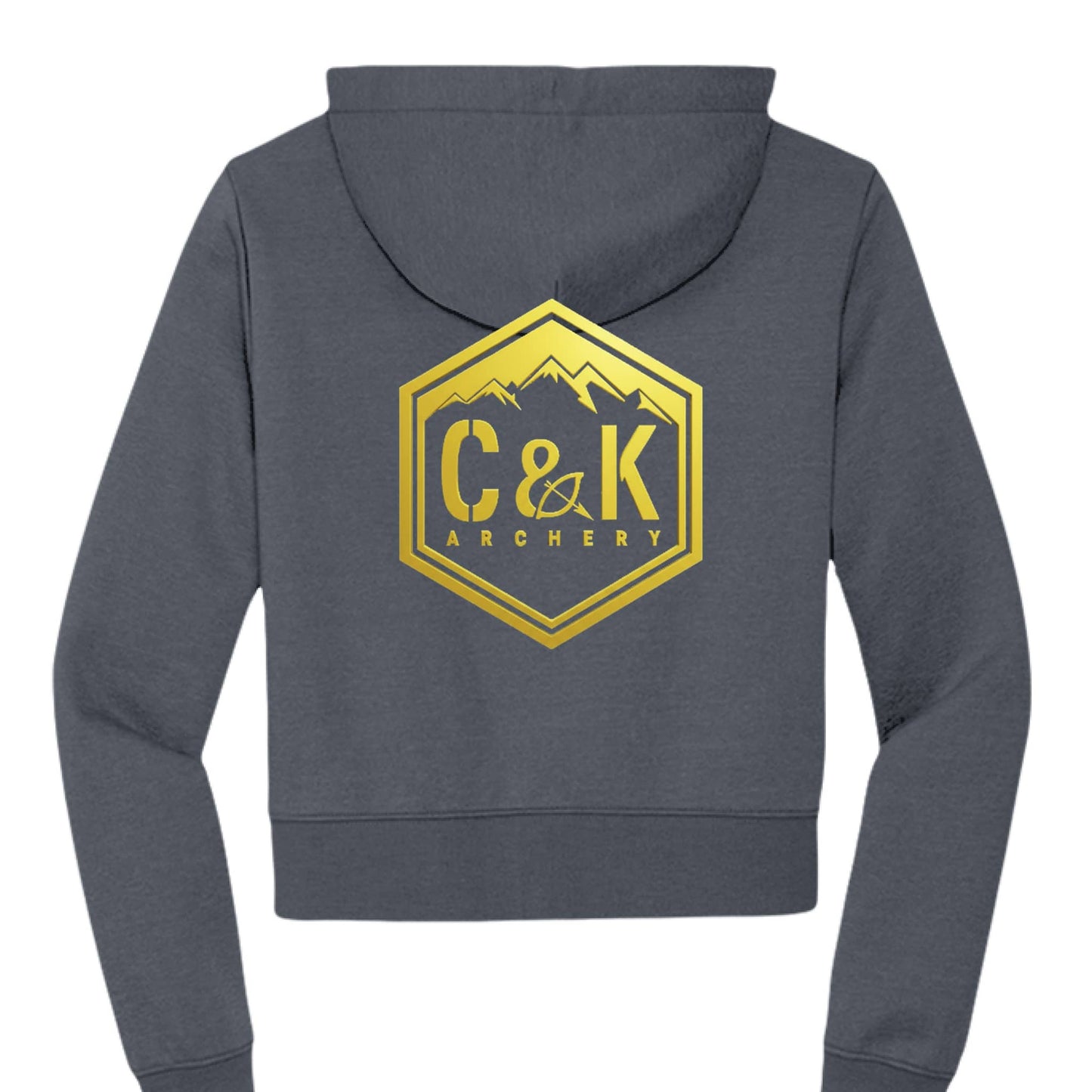 C and K Archery women's archery hoodie gray back view with gold logo