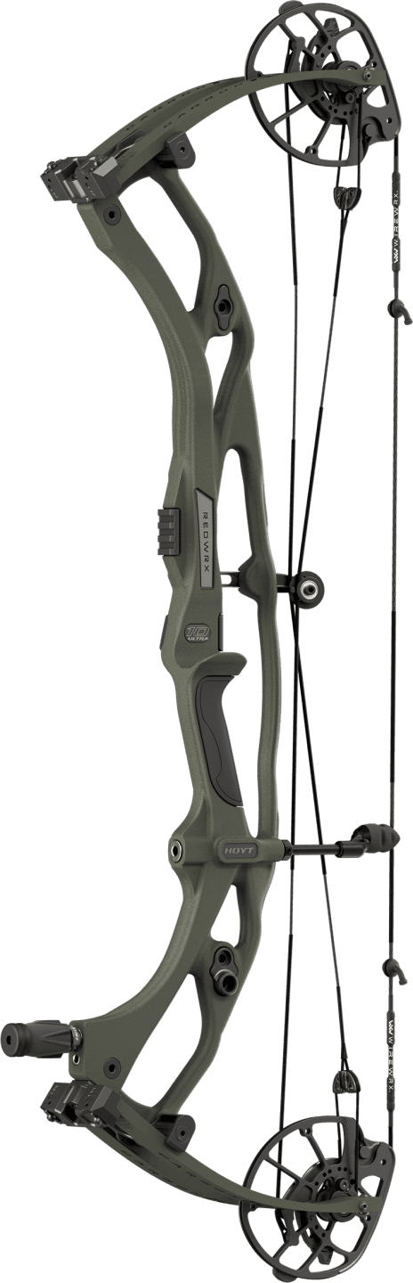 Hoyt Carbon RX-10 Ultra compound bow in olive green with dual cams and ergonomic grip