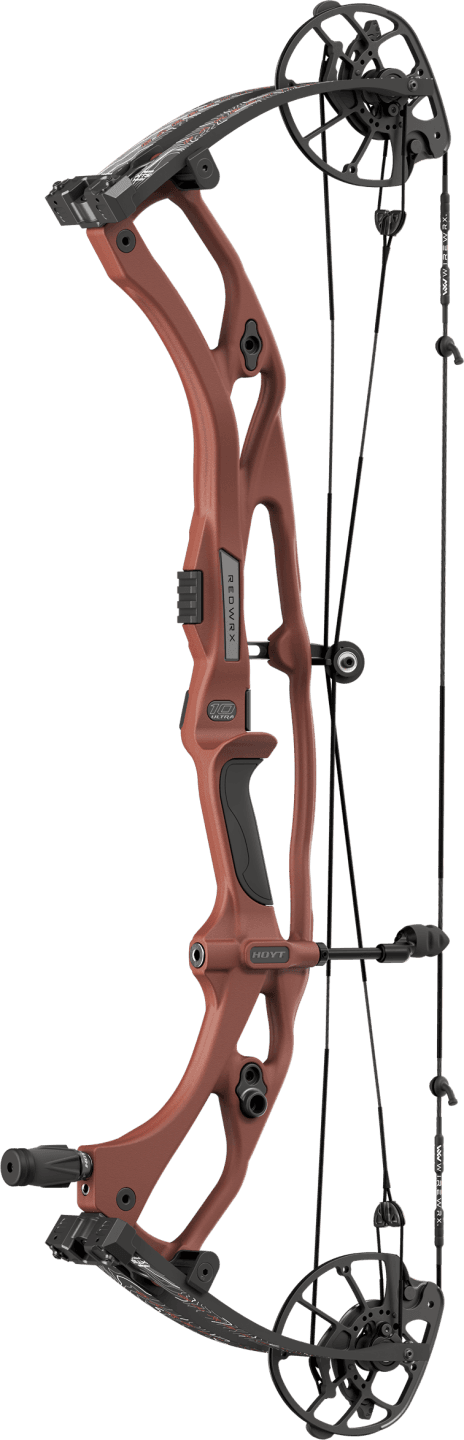 Hoyt Carbon RX-10 Ultra compound bow in brown with black cams and detailed riser design