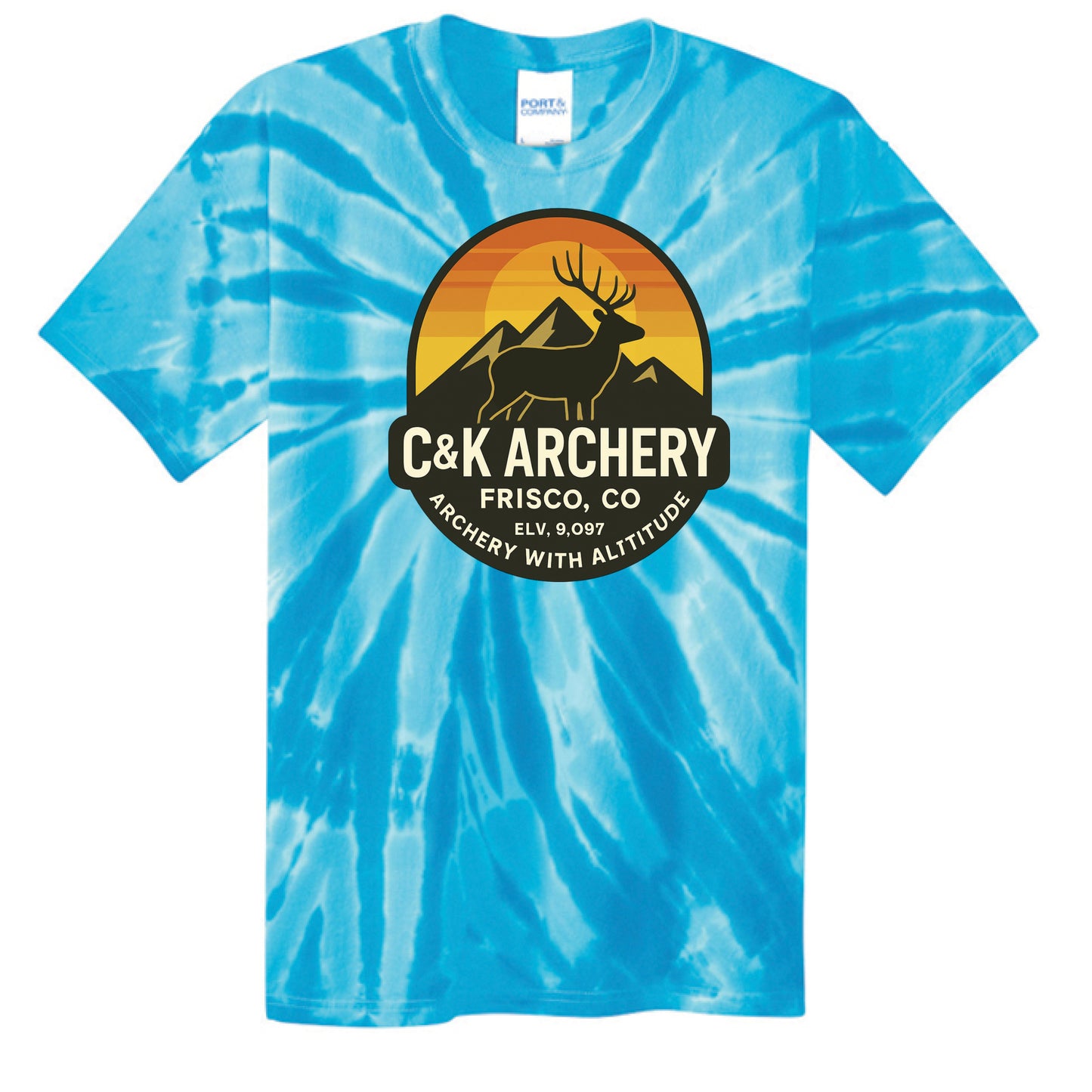 C and K Archery blue tie dye t-shirt with elk logo and kids archery elk bow branding