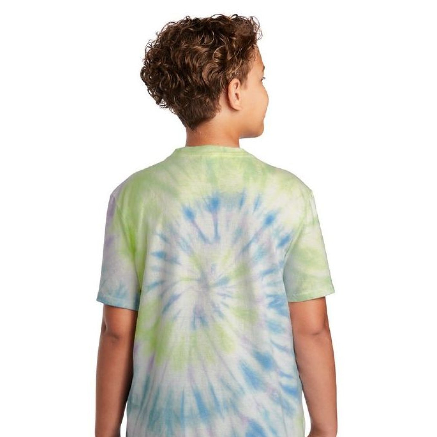 Boy wearing green and blue tie-dye shirt seen from the back without kids archery elk bow