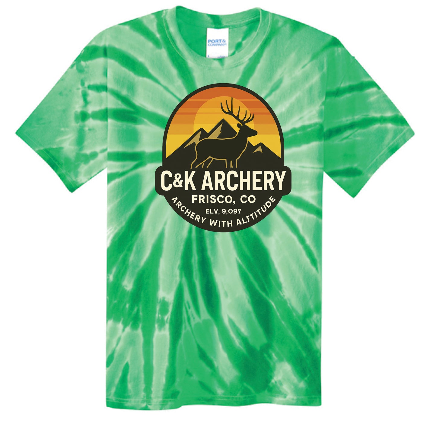 C and K Archery green tie-dye t-shirt with elk logo promoting kids archery elk bow
