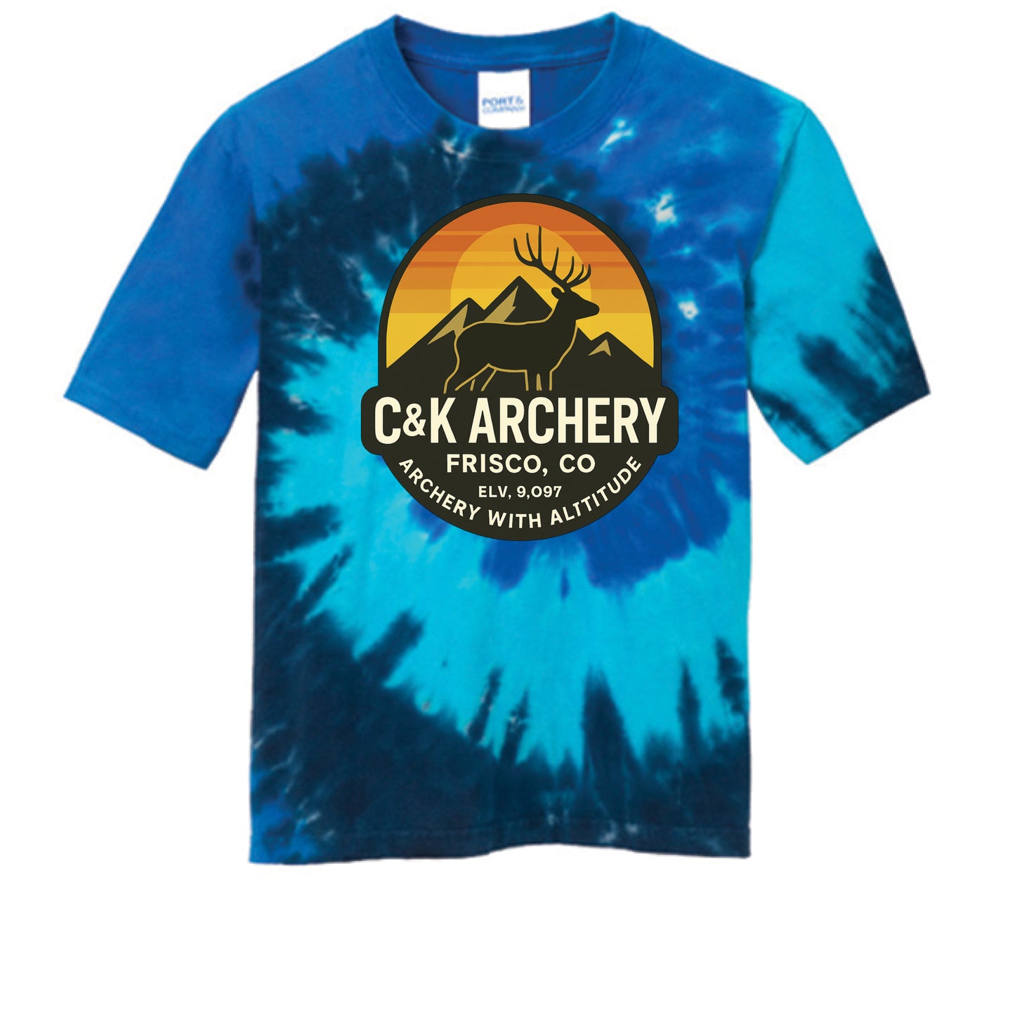 C and K Archery blue and black tie-dye t-shirt featuring kids archery elk bow logo with mountain design