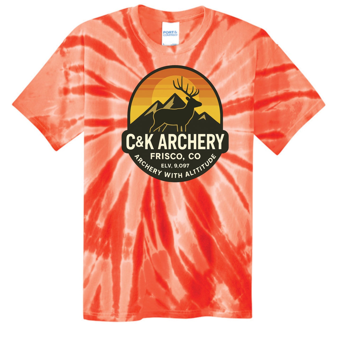C and K Archery orange tie dye T-shirt with elk logo and text archery with altitude