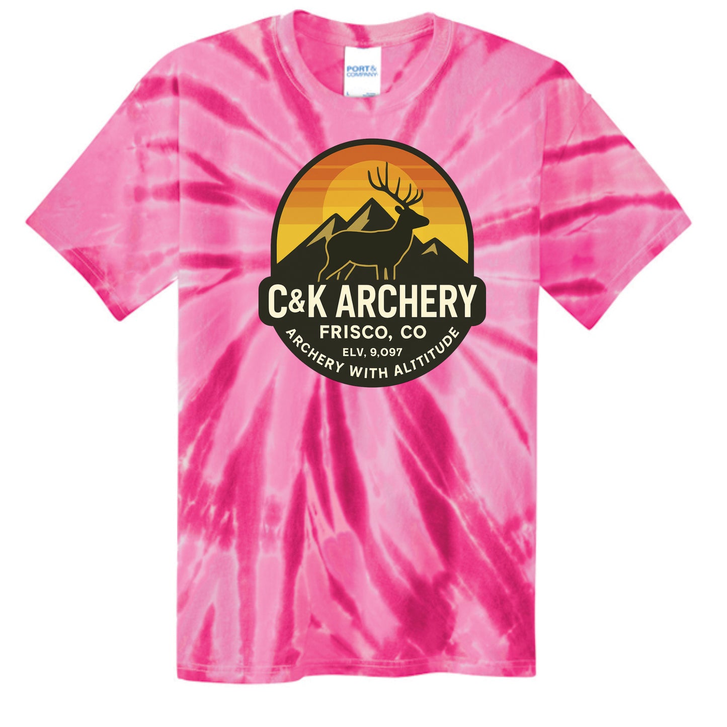 C and K Archery pink tie-dye t-shirt with kids archery elk bow logo and mountain design