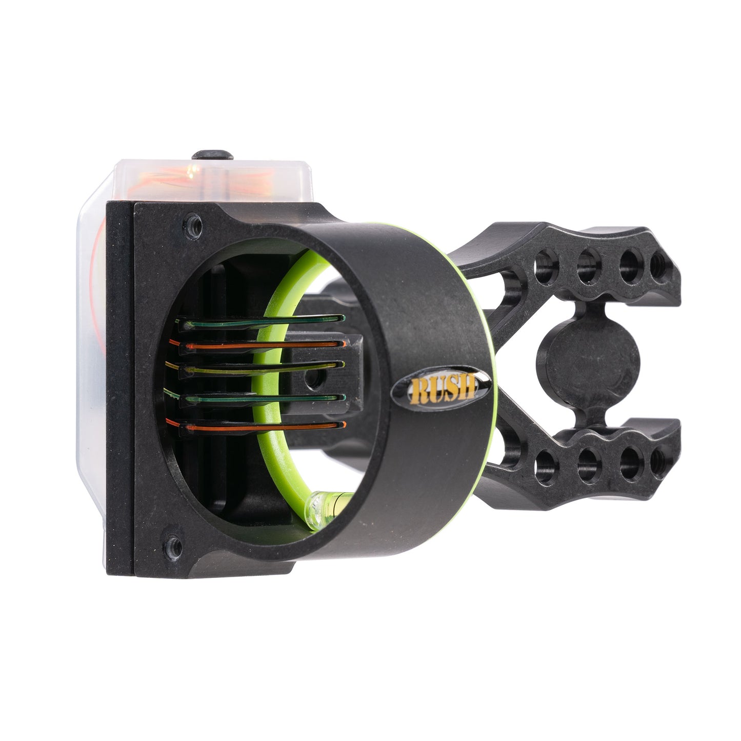 Black Gold Rush archery sight, black and green, side view